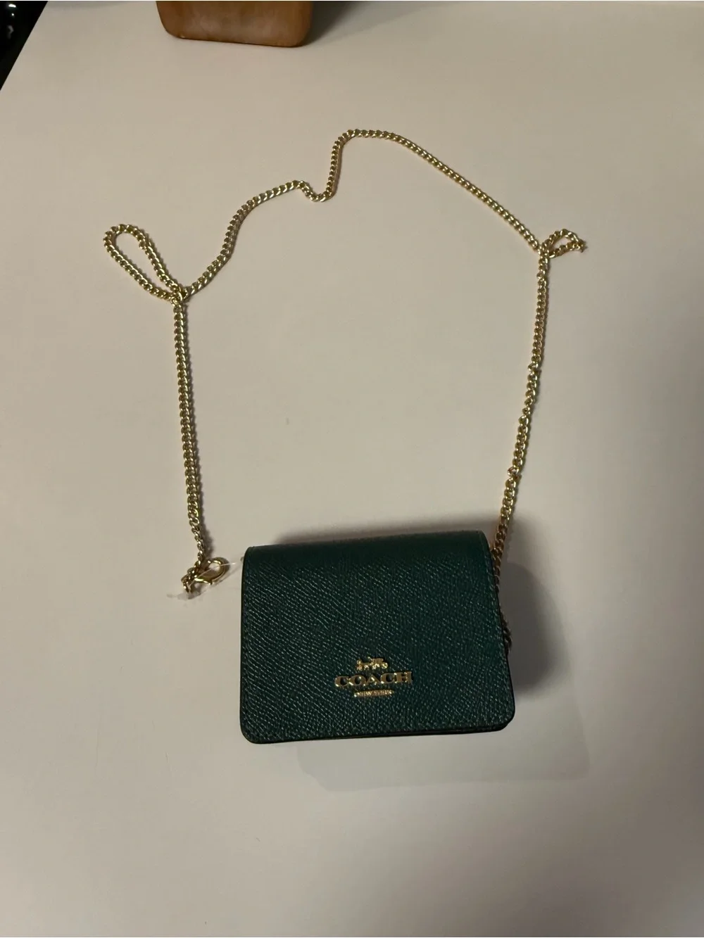 Coach Emerald Green Mini Chain Crossbody Wallet with Gold Hardware